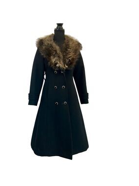 Luba by Niccolini Vintage Black double breasted wool Fur Collar dress coat